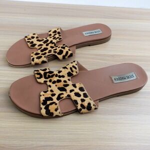 Leopard Calf Hair Flat Sandals Womens 10 M STEVE MADDEN Harriet Cognac Summery